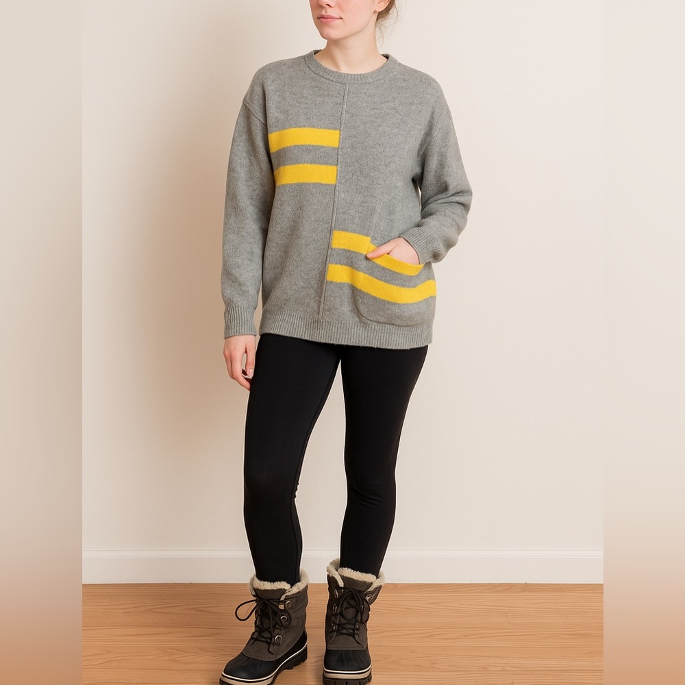 Jennifer Reed Wool Angora Small Sweater Gray Yellow Stripe Pocket Quiet Luxury